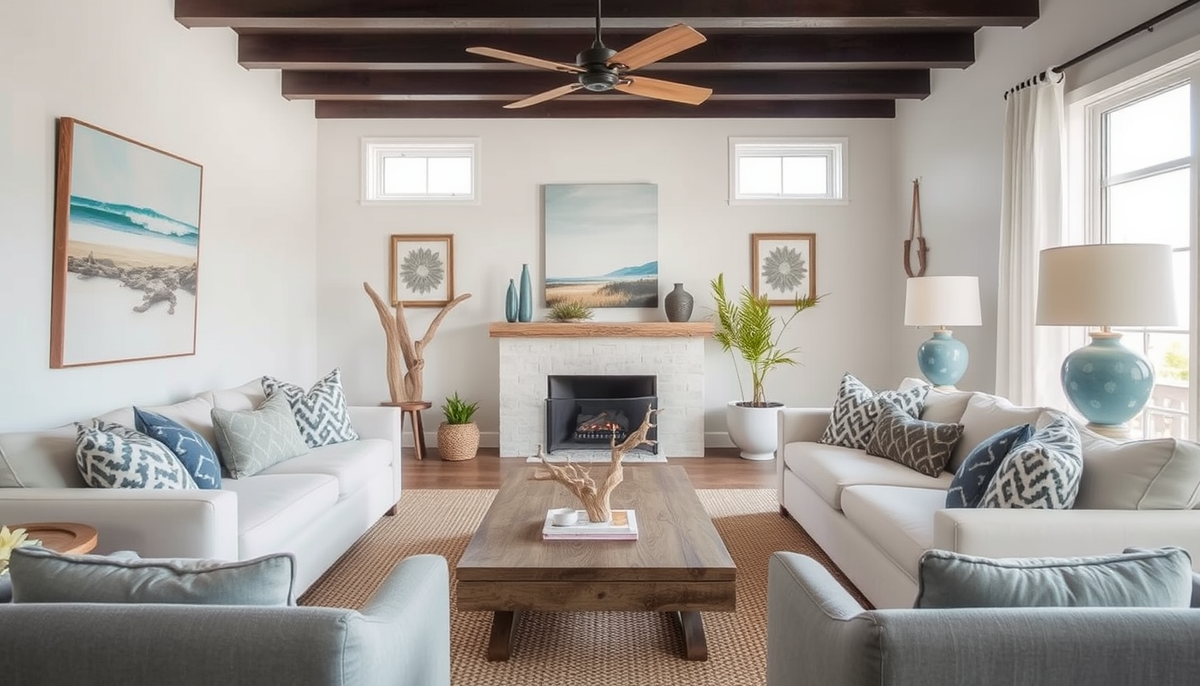 Coastal Boho Living Room: Layered Textures, Driftwood Accents and Ambient Lighting for Effortless Calm