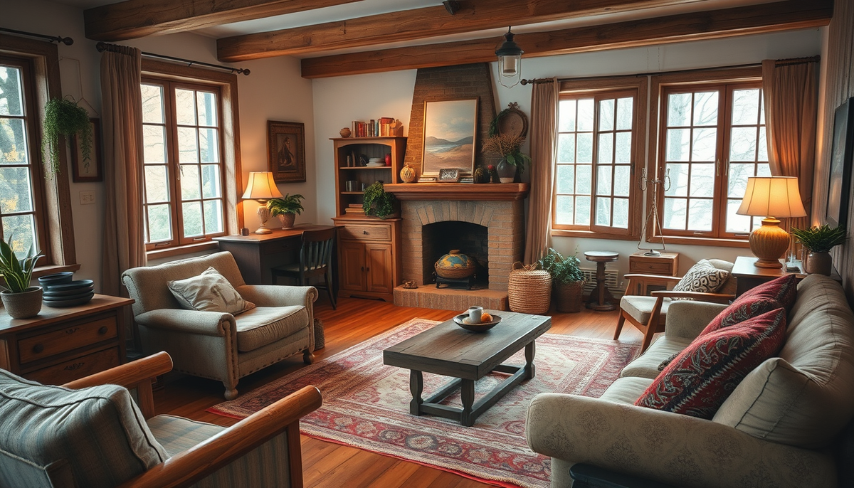 Eclectic Living Room Makeover: Layered Textures, Vintage Wood & Ambient Lighting for Cozy Everyday Glamour