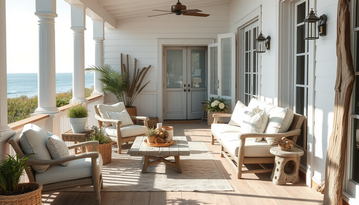 Sunlit Seaside Veranda: Linen Layers, Driftwood Accents