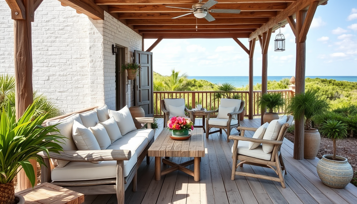 Coastal Veranda Glow: Linen Textiles and Weathered Driftwood