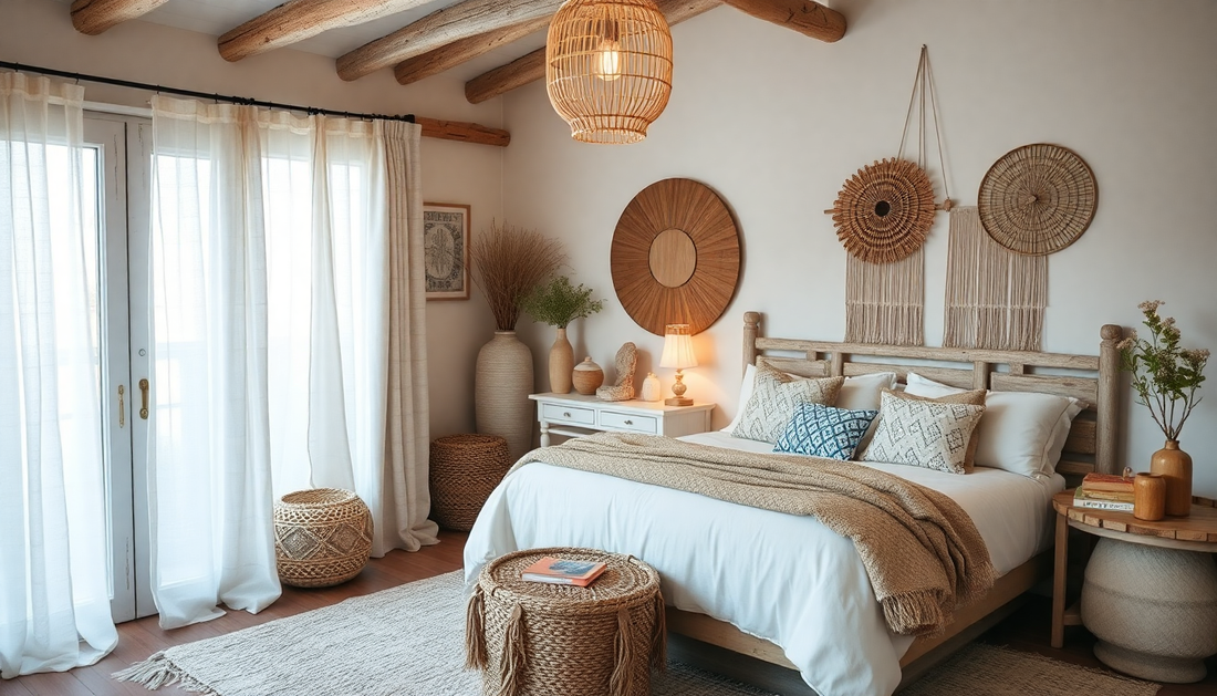 Coastal Boho Bedroom Retreat: Elegant Layering of Textures and Natural Accents for Tranquil Rest