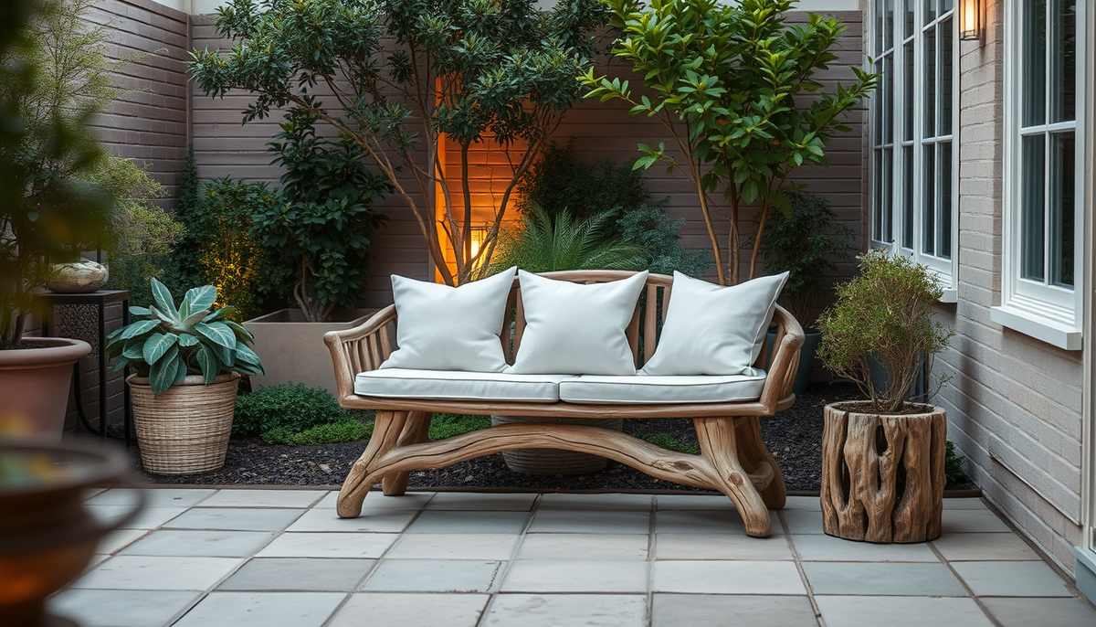 Biophilic Courtyard Living: Driftwood, Linen & Ambient Lighting
