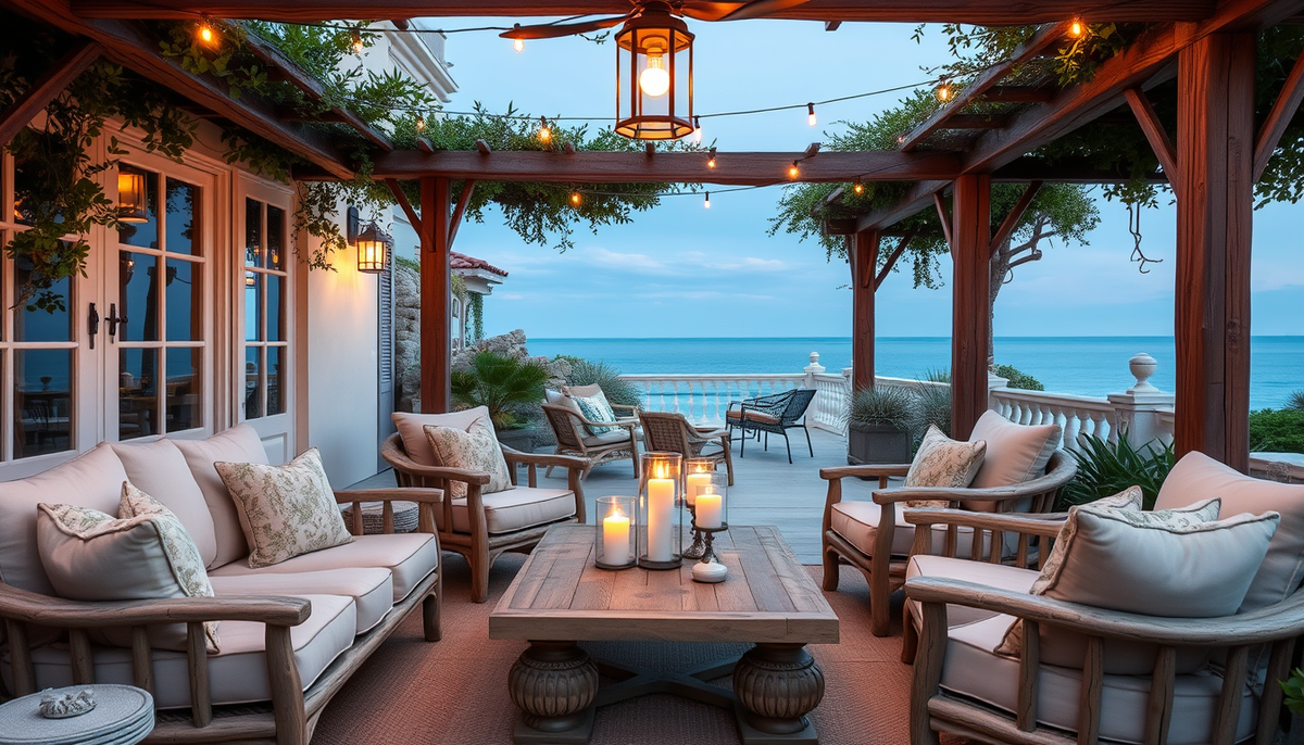 Nautical Terrace Calm: Linen, Driftwood & Lantern Light
