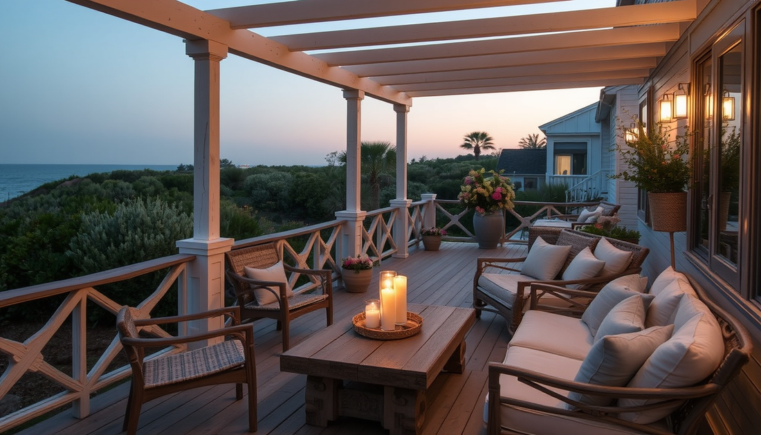 Coastal Veranda Layering: Linen, Driftwood & Dusk Glow