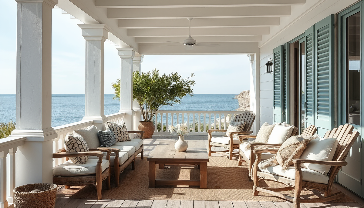 Calm Coastal Veranda: Linen Textiles Meet Driftwood in Gentle Light