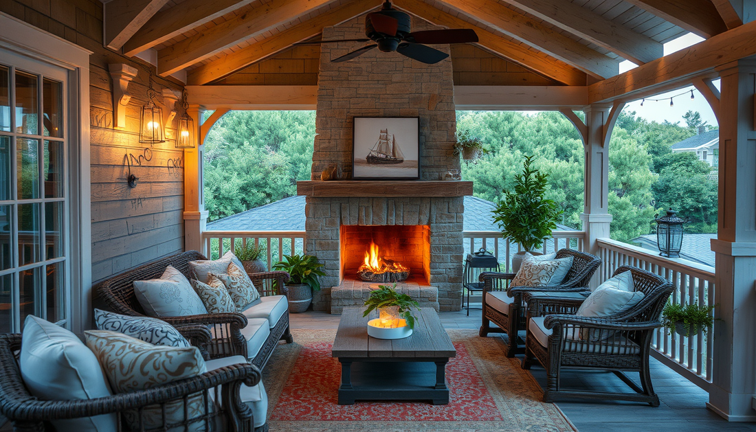 Coastal Veranda Decor: Layered Textiles & Driftwood Lighting