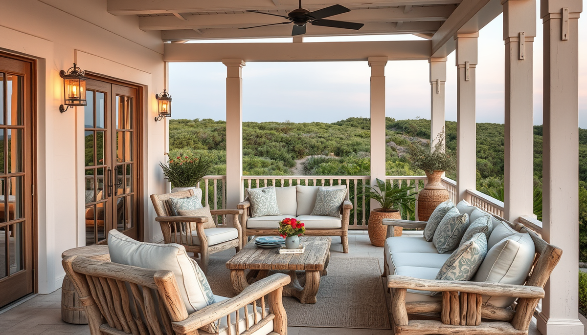 Nautical Veranda Quietude: Linen Textiles, Weathered Driftwood, and Ambient Light