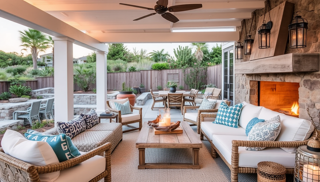 Coastal Outdoor Living: Layered Textiles & Driftwood Lighting