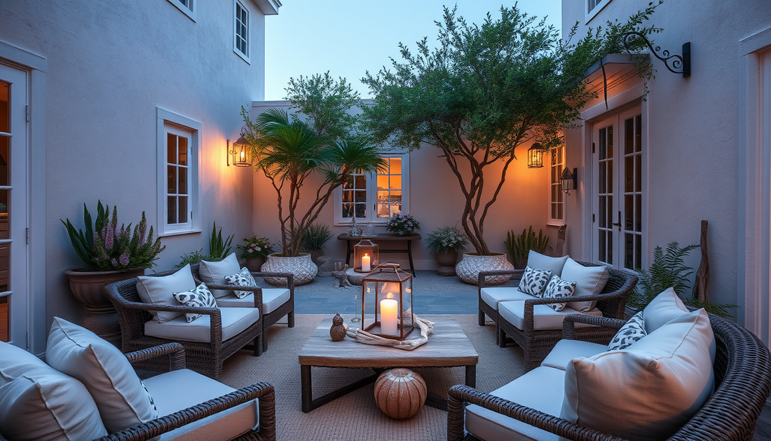 Quiet Coast Courtyard: Linen Layers, Driftwood Accents & Gentle Lantern Light