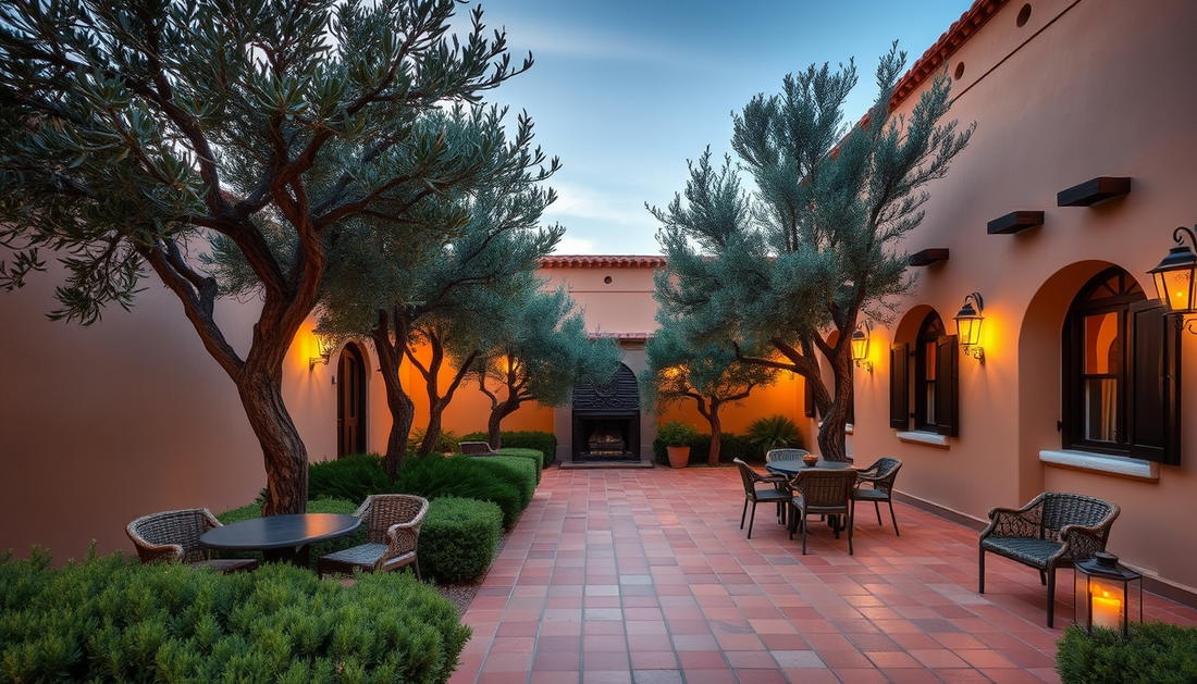 Terracotta & Olive Oasis: Layered Outdoor Living in a Mediterranean Courtyard with Ambient Lighting