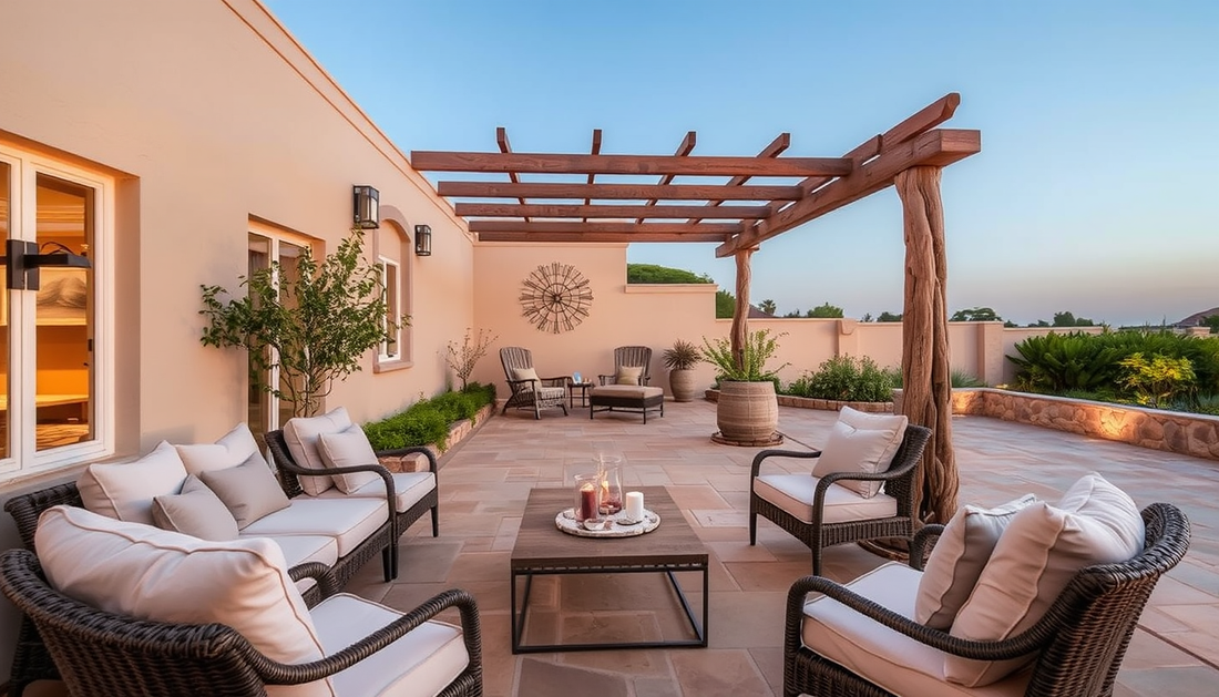 Linen Coastal Courtyard: Driftwood & Ambient Light