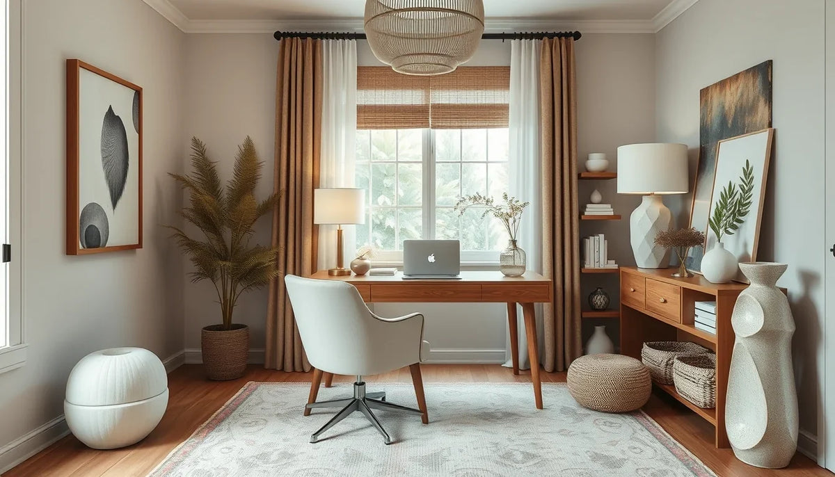 Boho Luxe Home Office with Layered Textures and Sculptural Storage
