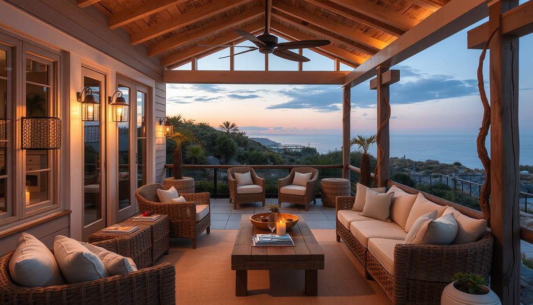 Coastal Veranda Oasis: Linen Textiles, Driftwood, and Soft Ambient Light