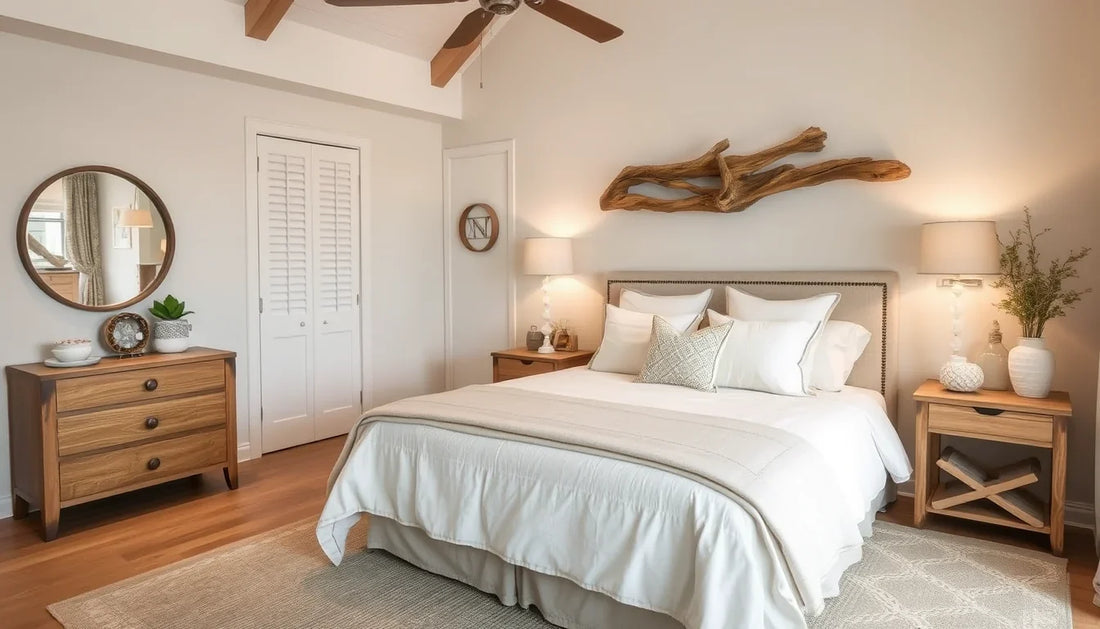 Serene coastal bedroom with driftwood accents, linen textures, and soft ambient lighting
