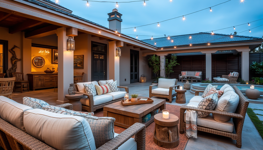 Coastal Courtyard Revival: Driftwood Accents, Layered Textiles, and Ambient Lighting for an Effortless Outdoor Living Room