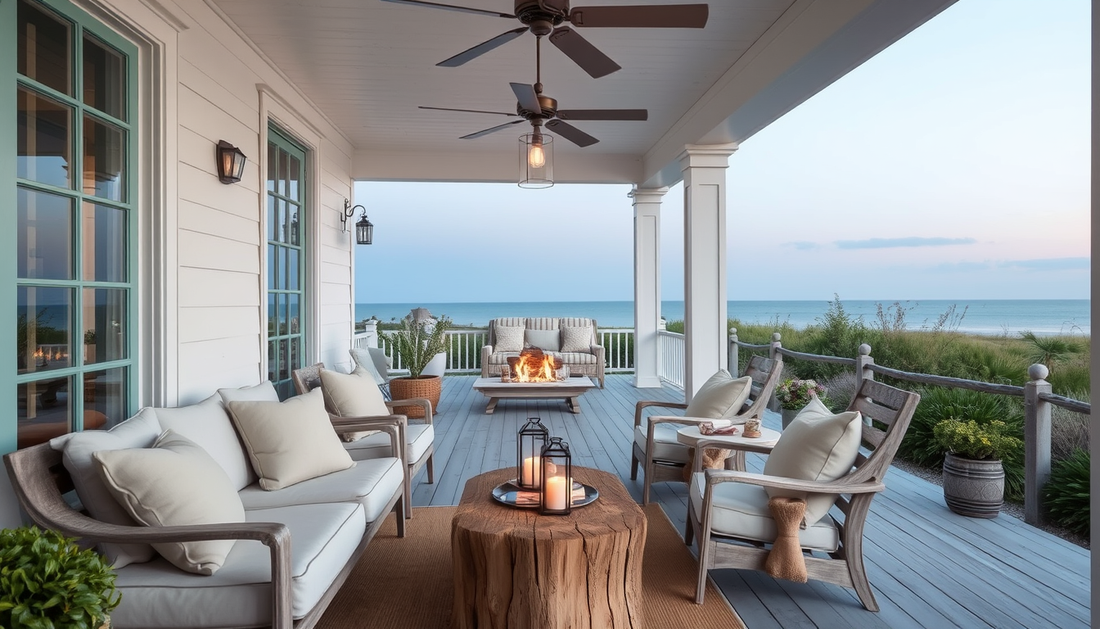 Coastal Veranda Layering: Linen Textiles & Driftwood Glow