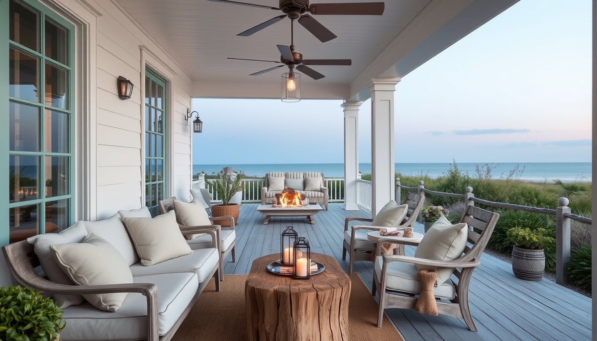 Coastal Veranda Layering: Linen Textiles & Driftwood Glow