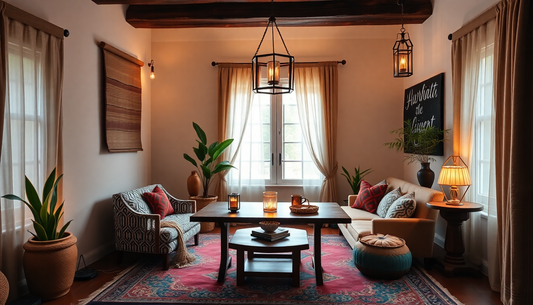 Cozy Moroccan Boho Home Office with Warm Textures and Ambient Lighting for Inspired Productivity
