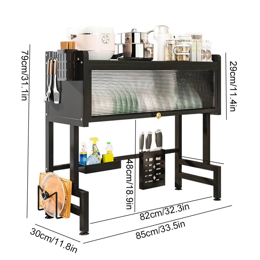 Steel Over-the-Sink Dish Drying Rack - 3-Tier Storage Cabinet with Utensil & Cup Holders and Protective Cover