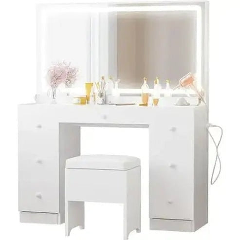 7-Drawer Vanity Desk Set with LED-Lighted Mirror