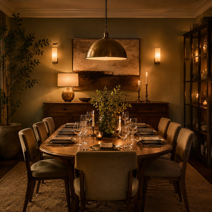 Flexible dining room with extendable table chairs bench and drinks station