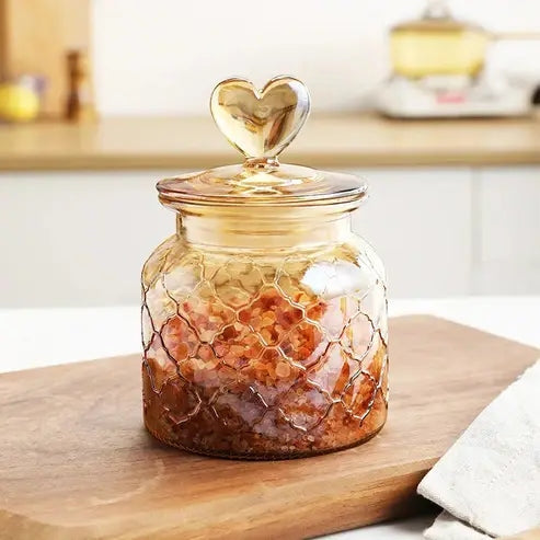 Amber Heart Glass Bottle: Sealed Kitchen Storage Container with Lid