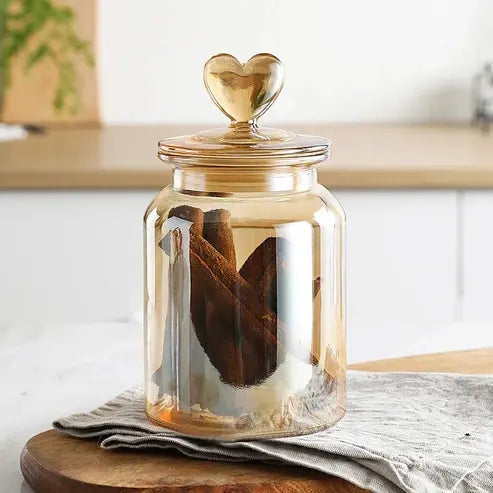 Amber Heart Glass Bottle: Sealed Kitchen Storage Container with Lid