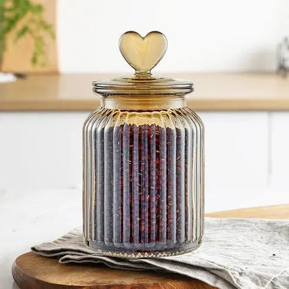 Amber Heart Glass Bottle: Sealed Kitchen Storage Container with Lid