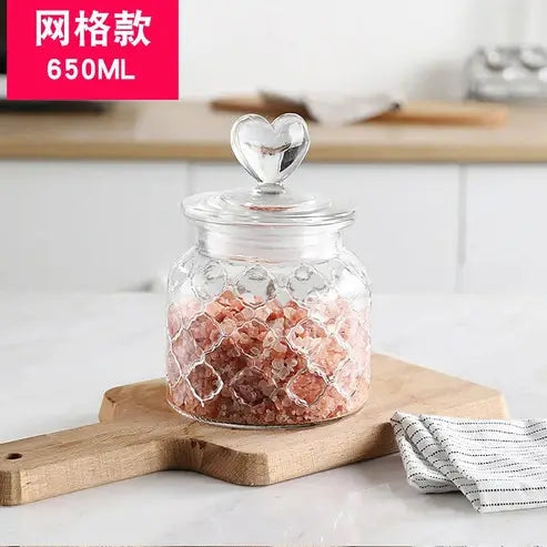 Amber Heart Glass Bottle: Sealed Kitchen Storage Container with Lid