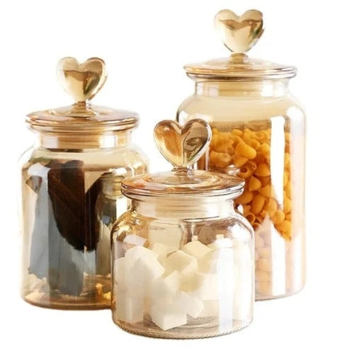 Amber Heart Glass Bottle: Sealed Kitchen Storage Container with Lid