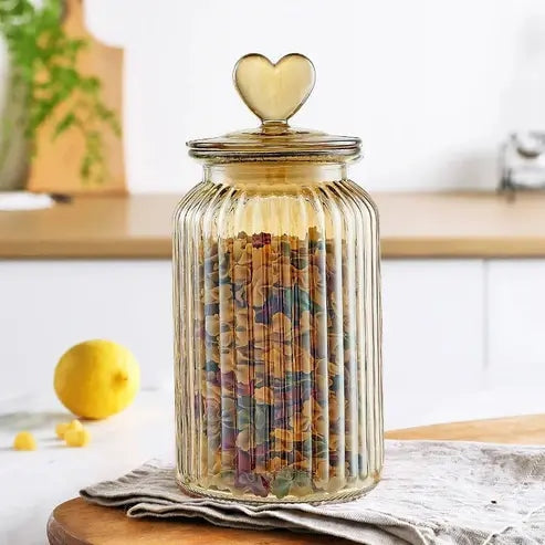 Amber Heart Glass Bottle: Sealed Kitchen Storage Container with Lid