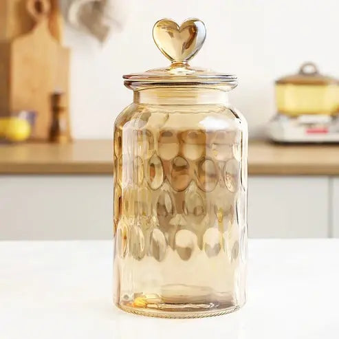 Amber Heart Glass Bottle: Sealed Kitchen Storage Container with Lid