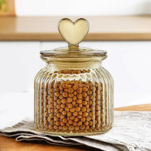 Amber Heart Glass Bottle: Sealed Kitchen Storage Container with Lid