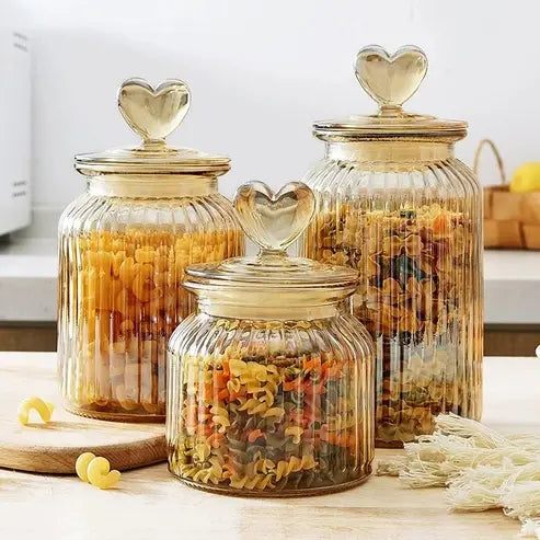 Amber Heart Glass Bottle: Sealed Kitchen Storage Container with Lid