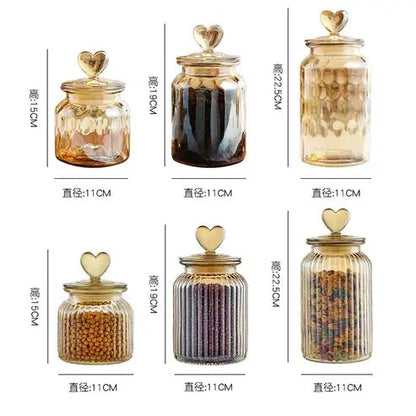 Amber Heart Glass Bottle: Sealed Kitchen Storage Container with Lid