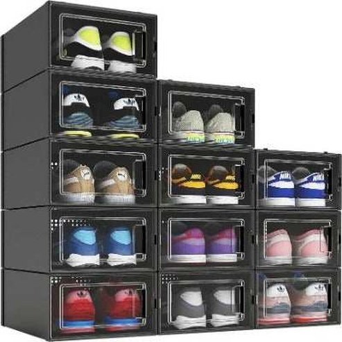 Black Plastic Stackable Shoe Organizer Boxes