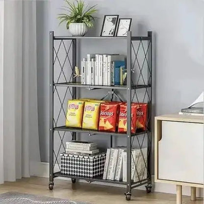 Foldable 4-Tier Heavy-Duty Metal Kitchen Shelf with Hooks