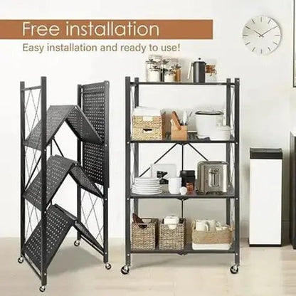 Foldable 4-Tier Heavy-Duty Metal Kitchen Shelf with Hooks