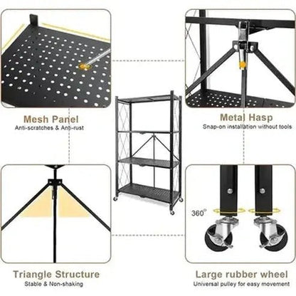 Foldable 4-Tier Heavy-Duty Metal Kitchen Shelf with Hooks