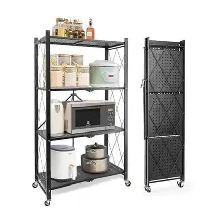 Foldable 4-Tier Heavy-Duty Metal Kitchen Shelf with Hooks