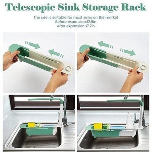 Large Capacity Adjustable Telescopic Kitchen Storage Sponge Rack with Drainage Holes, Organizer Cleaning Utensils Like Dish Soap, Scouring Pad, Cutlery.