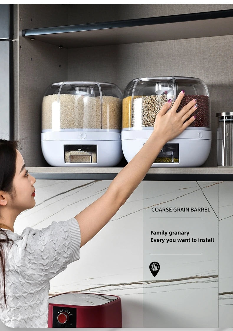 360° Rotating Rice Storage Container with 6 Compartments