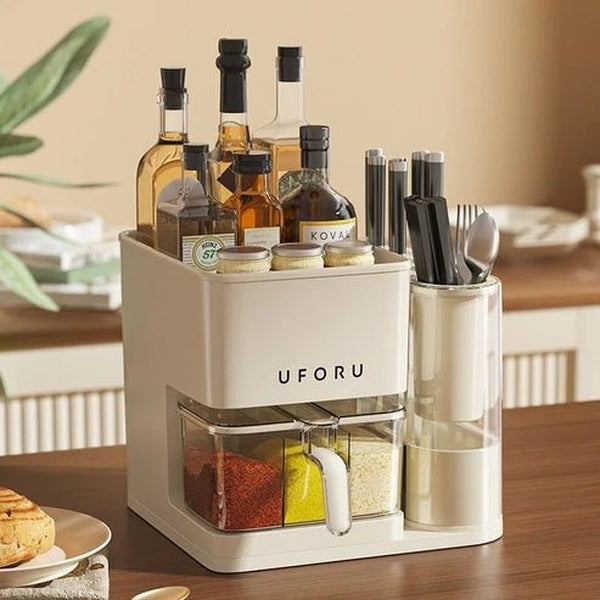 Multifunctional Kitchen Storage Box with Seasoning Rack, Bottle Holder, and Utensil Organizer