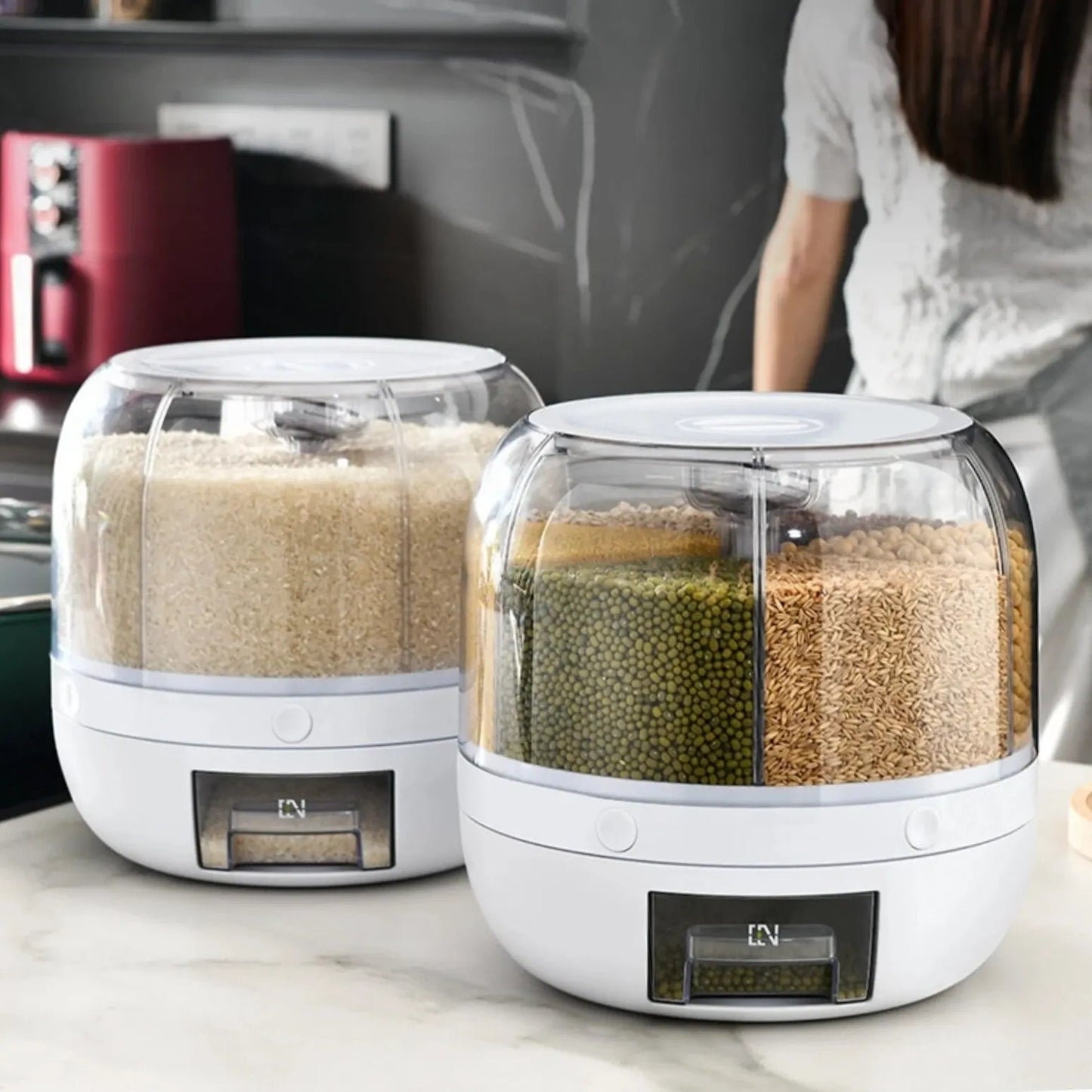 360° Rotating Rice Storage Container with 6 Compartments