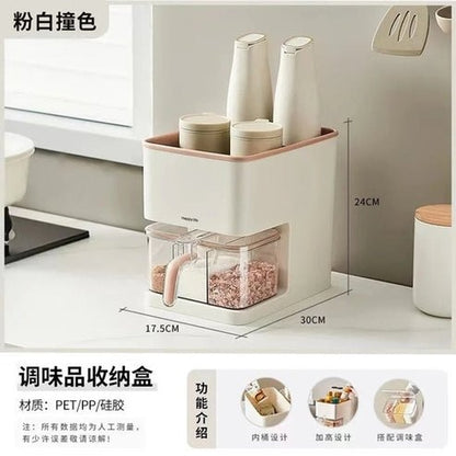 Multifunctional Kitchen Storage Box with Seasoning Rack, Bottle Holder, and Utensil Organizer