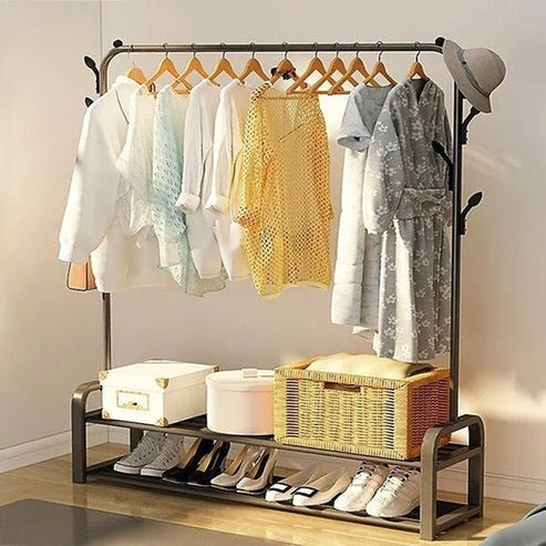 Modern Metal Coat Rack with Shoe Storage | Multifunctional Entryway Organizer for Clothes &amp; Accessories