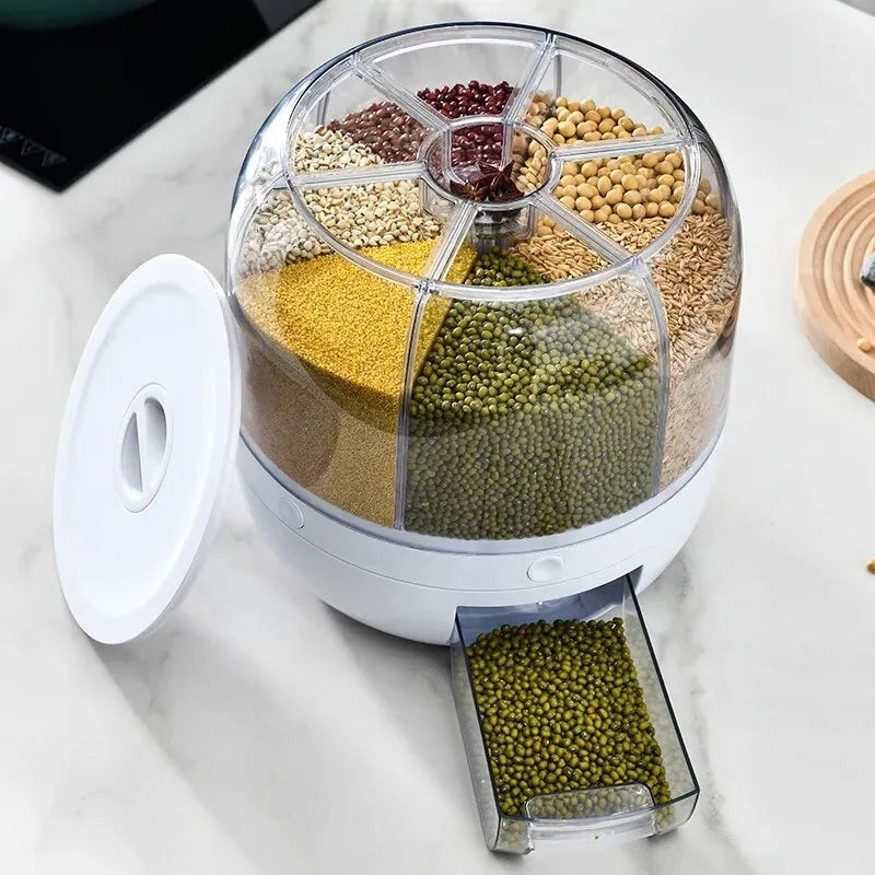 360° Rotating Rice Storage Container with 6 Compartments