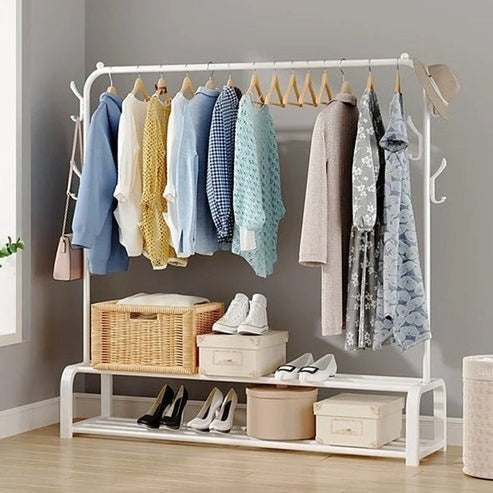 Modern Metal Coat Rack with Shoe Storage | Multifunctional Entryway Organizer for Clothes &amp; Accessories