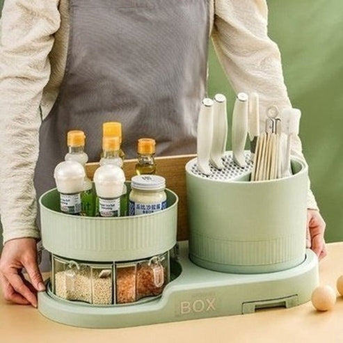 Double Storage Plate Seasoning Rack Rotary Knife Holder 