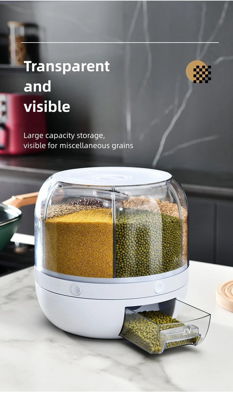 360° Rotating Rice Storage Container with 6 Compartments